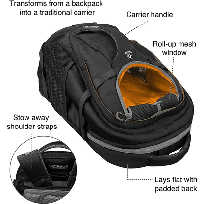 Kurgo G-Train Pet Backpack – Black Rugged Travel Carrier for Small Dogs & Cats (Up to 11.3 kg) – Waterproof Base, Adventure-Ready