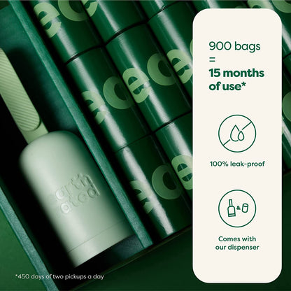 Dog Poo Bag Holder with Dog Poo Bags Rolls, Durable and Guaranteed Leakproof, Lavender Scented, 1 Dispenser and 900 Bags